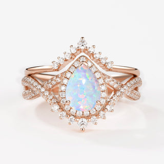 2.0 CT Pear Opal Art Deco October Birthstone Bridal Ring Set in 925 Sterling Silver