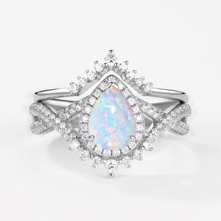 2.0 CT Pear Opal Art Deco October Birthstone Bridal Ring Set in 925 Sterling Silver