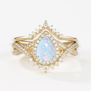 2.0 CT Pear Opal Art Deco October Birthstone Bridal Ring Set in 925 Sterling Silver