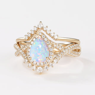 2.0 CT Pear Opal Art Deco October Birthstone Bridal Ring Set in 925 Sterling Silver