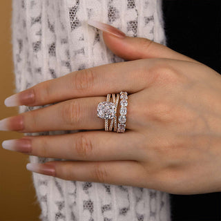 4.5CT Cushion Moissanite Diamond Hidden Halo Pave Bridal Engagement Ring Set