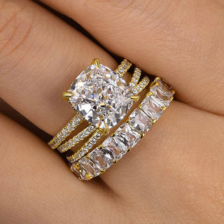 4.5CT Cushion Moissanite Diamond Hidden Halo Pave Bridal Engagement Ring Set