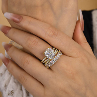 4.5CT Cushion Moissanite Diamond Hidden Halo Pave Bridal Engagement Ring Set