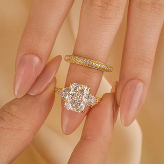 5.0CT Radiant Moissanite Diamond Three Stone Hidden Halo Pave Bridal Engagement Ring set