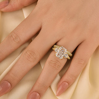 5.0CT Radiant Moissanite Diamond Three Stone Hidden Halo Pave Bridal Engagement Ring set