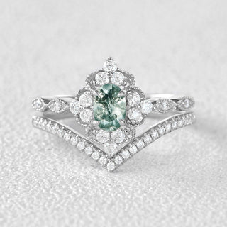 0.75 CT Oval Opal October Birthstone Vintage Bridal Ring Set in 925 Sterling Silver