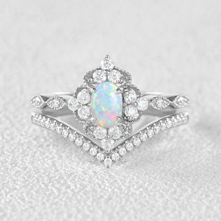0.75 CT Oval Opal October Birthstone Vintage Bridal Ring Set in 925 Sterling Silver