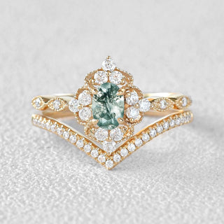 0.75 CT Oval Opal October Birthstone Vintage Bridal Ring Set in 925 Sterling Silver