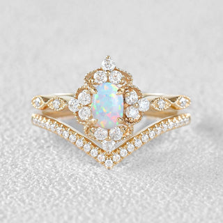 0.75 CT Oval Opal October Birthstone Vintage Bridal Ring Set in 925 Sterling Silver
