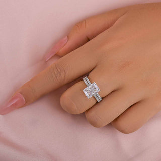 3.5CT Radiant Moissanite Diamond Hidden Halo Pave Bridal Engagement Ring Set