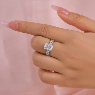 3.5CT Radiant Moissanite Diamond Hidden Halo Pave Bridal Engagement Ring Set
