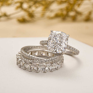 4.5CT Cushion Moissanite Diamond Hidden Halo Pave Bridal Engagement Ring Set