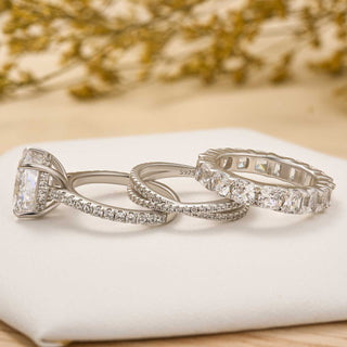 4.5CT Cushion Moissanite Diamond Hidden Halo Pave Bridal Engagement Ring Set