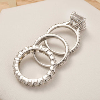 4.5CT Cushion Moissanite Diamond Hidden Halo Pave Bridal Engagement Ring Set