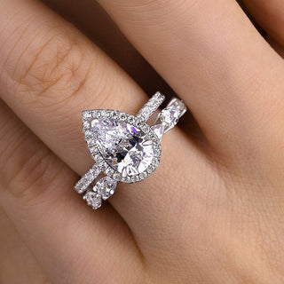 2.5CT Pear Moissanite Diamond Halo Pave Bridal Engagement Ring Set