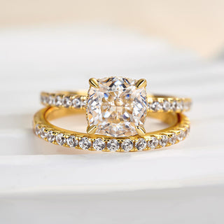 2.0CT Cushion Moissanite Diamond Halo Pave Bridal Engagement Ring Set