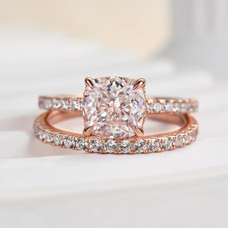 2.0CT Cushion Moissanite Diamond Halo Pave Bridal Engagement Ring Set