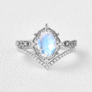 1.50 CT Oval Moonstone June Birthstone Vintage Bridal Ring Set in 925 Sterling Silver