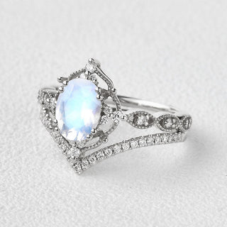 1.50 CT Oval Moonstone June Birthstone Vintage Bridal Ring Set in 925 Sterling Silver