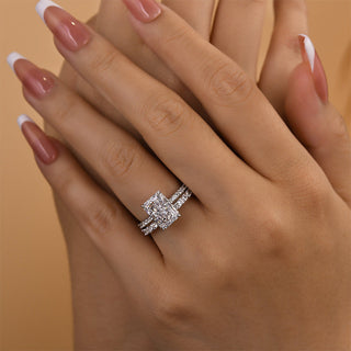 3.5CT Radiant Moissanite Diamond Hidden Halo Pave Bridal Engagement Ring Set