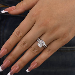 3.5CT Radiant Moissanite Diamond Hidden Halo Pave Bridal Engagement Ring Set