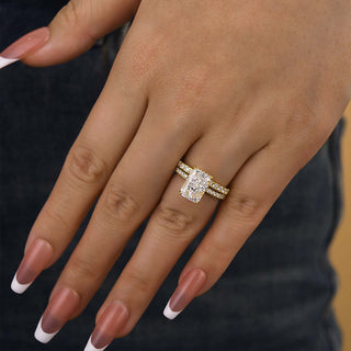 3.5CT Radiant Moissanite Diamond Hidden Halo Pave Bridal Engagement Ring Set