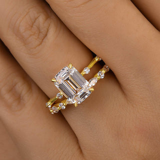 3.0CT Emerald Cut Moissanite Diamond Distance Pave Bridal Engagement Ring Set