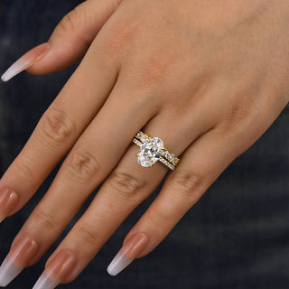 3.5CT Oval  Moissanite Diamond Hidden Halo Pave Engagement Ring Set