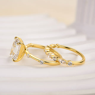 3.0CT Emerald Cut Moissanite Diamond Distance Pave Bridal Engagement Ring Set