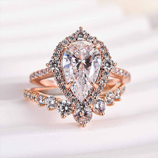 2.5CT Pear Moissanite Diamond Halo Pave Engagement Ring Set