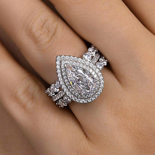 2.5CT Pear Moissanite Diamond Double Halo Pave Bridal Engagement Ring