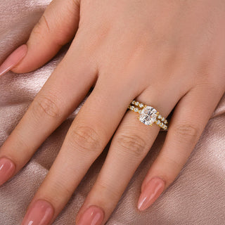 2.0CT Cushion Moissanite Diamond Hidden Halo Pave Bridal Engagement Ring Set