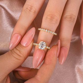 2.0CT Cushion Moissanite Diamond Hidden Halo Pave Bridal Engagement Ring Set