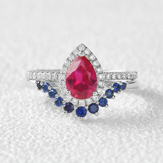 1.0 CT Pear Ruby July Birthstone Halo & Pave Bridal Ring Set in 925 Sterling Silver