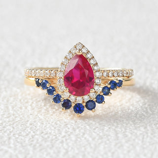 1.0 CT Pear Ruby July Birthstone Halo & Pave Bridal Ring Set in 925 Sterling Silver