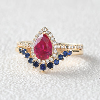 1.0 CT Pear Ruby July Birthstone Halo & Pave Bridal Ring Set in 925 Sterling Silver