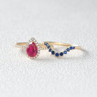 1.0 CT Pear Ruby July Birthstone Halo & Pave Bridal Ring Set in 925 Sterling Silver