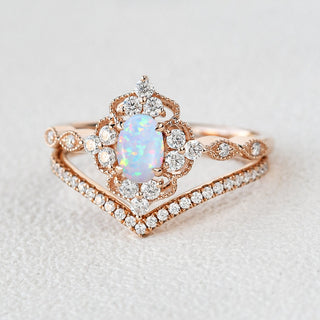0.75 CT Oval Opal October Birthstone Vintage Bridal Ring Set in 925 Sterling Silver