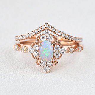 0.75 CT Oval Opal October Birthstone Vintage Bridal Ring Set in 925 Sterling Silver