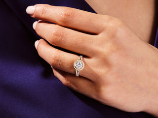 Round Moissanite Diamond Halo Split Engagement Ring with sparkling center stone and halo accents