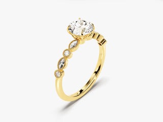 Round Moissanite Engagement Ring with marquise side stones, blending classic sparkle and elegant design.