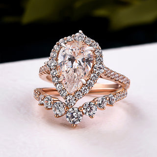 3.00CT Pear Cut Diamond Halo Pave Engagement Ring Set