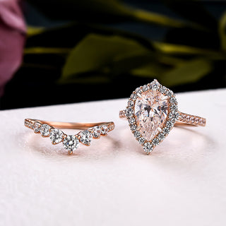 4.00CT Pear Cut Diamond Halo Pave Engagement Ring Set