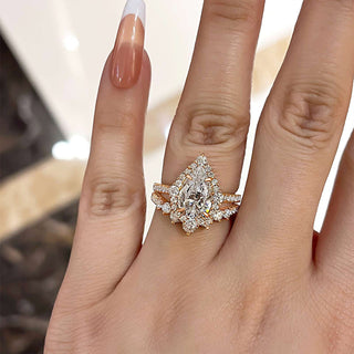 3.00CT Pear Cut Diamond Halo Pave Engagement Ring Set
