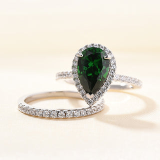 4.00CT Green Pear Cut Diamond Halo Pave Bridal Ring Set