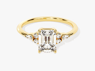 Emerald Moissanite Diamond Cluster Engagement Ring with round and pear-shaped accents for modern bridal elegance.