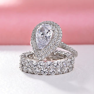 2.50CT Pear Cut Diamond  Double Halo Pave Engagement Ring Set