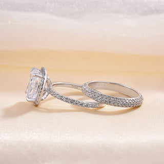 4.00CT Elongated Cushion Cut Diamond Halo Pave Engagement Ring Set