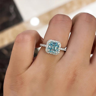 3.00CT Sky Blue Asscher Cut Diamond Hidden Halo Pave Engagement Ring