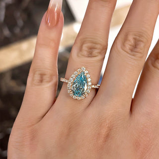 3.50CT Sky Blue Pear Cut Diamond Halo Pave Engagement Ring